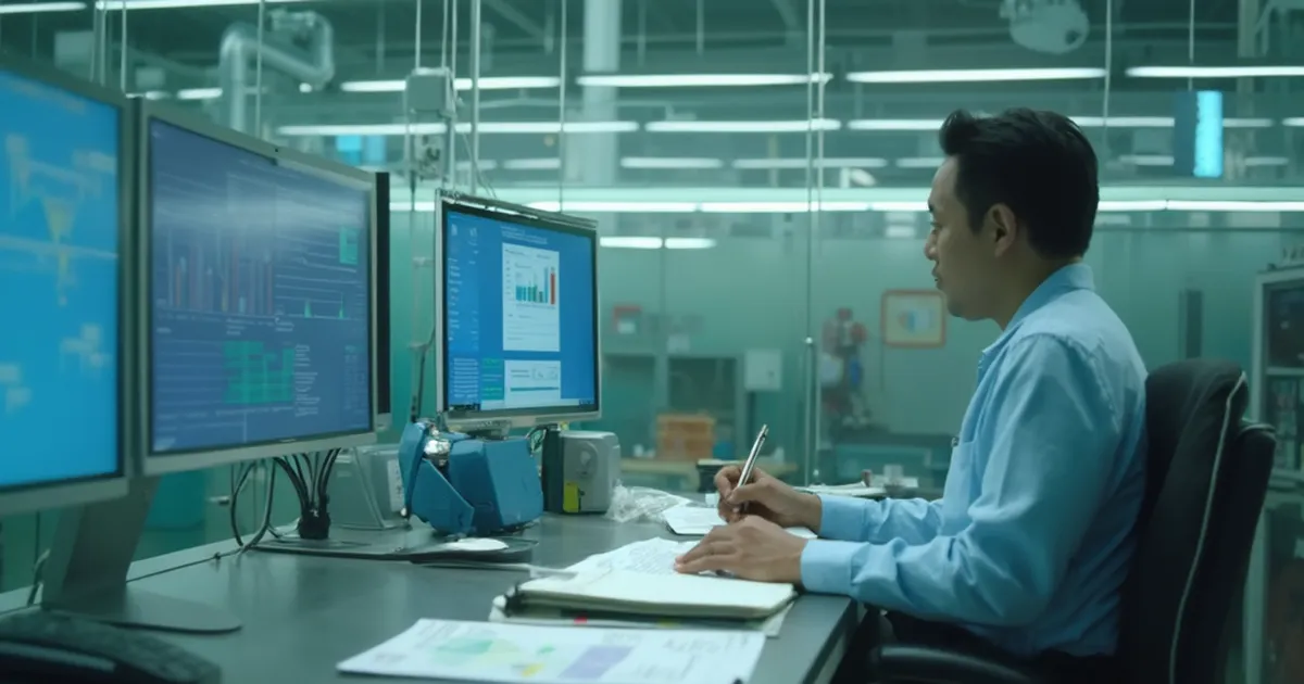 Una persona del área de operaciones de una planta industrial escribe a mano en un cuaderno, en un espacio de trabajo.