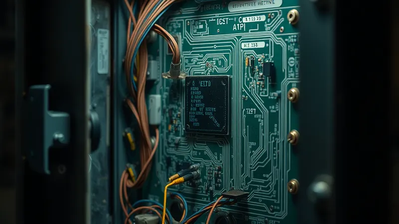 Placa de circuito envejecida de un equipo de medición con cables de parche soldados sobre las trazas originales, simbolizando capas de código a medida acumuladas con el tiempo.