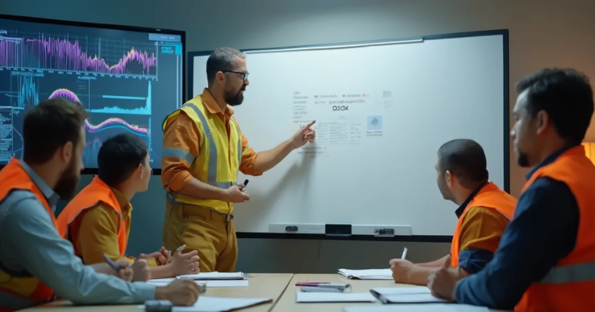 Instructor de una utility explicando un proceso de facturación a técnicos sentados en una sala de capacitación