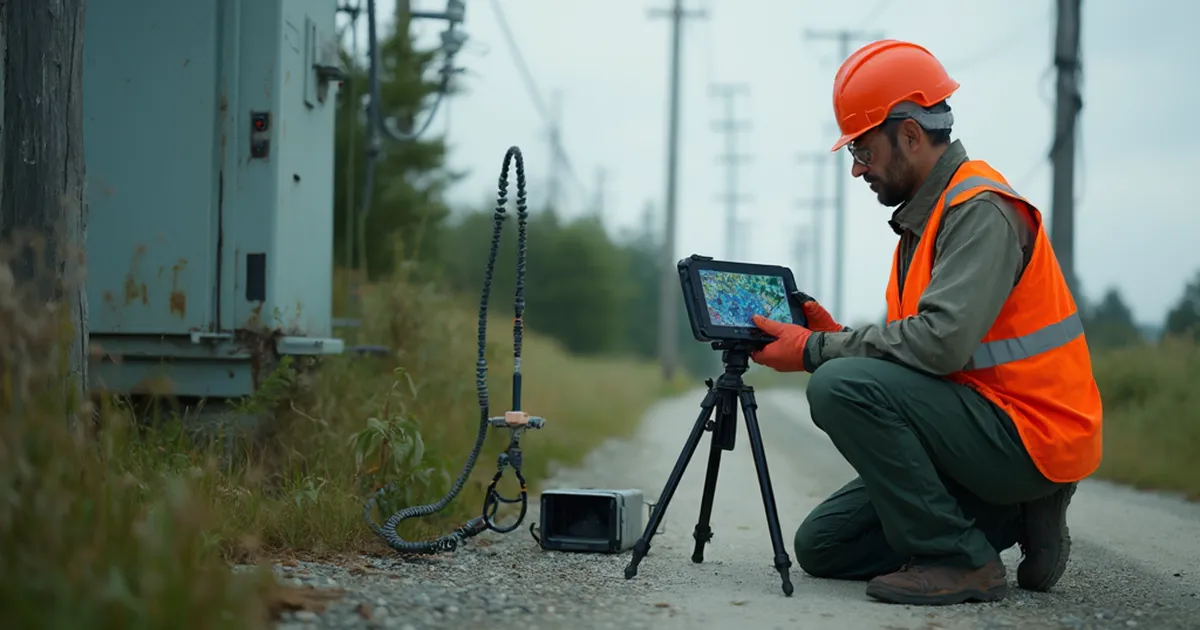Técnico de una utility junto a un transformador de distribución, con una antena GNSS sobre trípode y una tableta de campo para capturar la posición del activo.