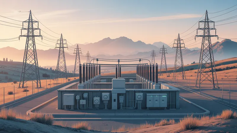 Subestación e infraestructura de medición de una utility regulada al amanecer, que ilustra el contexto físico del ciclo meter-to-cash.