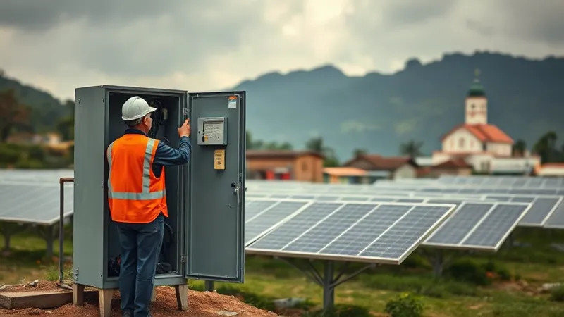 Técnico de operaciones abre un gabinete de maniobra junto a una pequeña planta solar en tierra, a las afueras de un pueblo colombiano, con casas bajas al fondo.