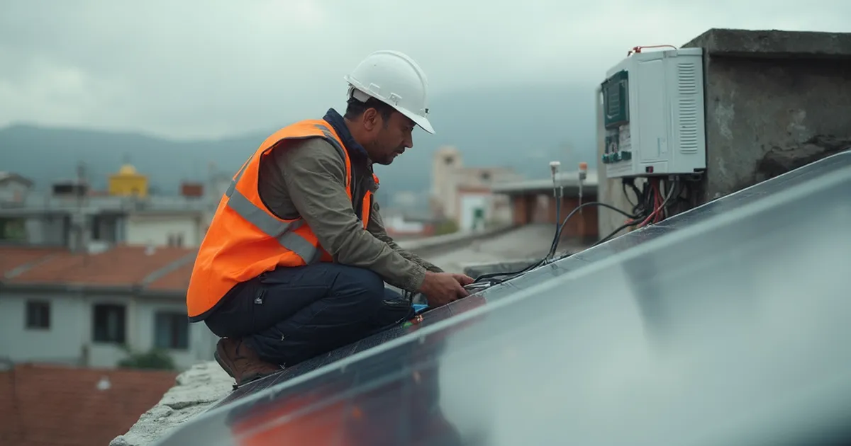 Técnico electricista revisando la conexión de paneles solares recién instalados en un techo residencial urbano de Colombia, con tejados vecinos al fondo.