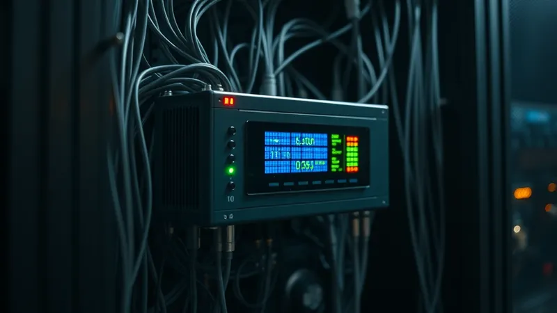 Concentrador de datos AMI montado en un rack de equipos, con luces de estado de comunicación encendidas entre cables de baja tensión
