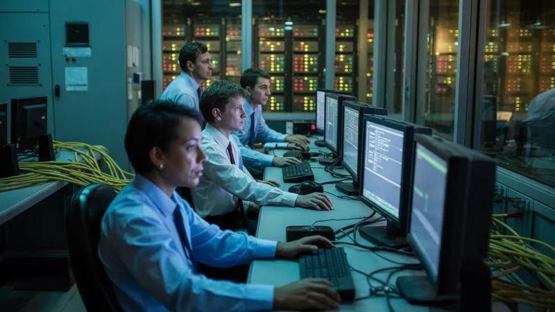 Sala de control de una empresa de servicios públicos con operadores monitoreando datos de red eléctrica y lecturas AMI en tiempo real