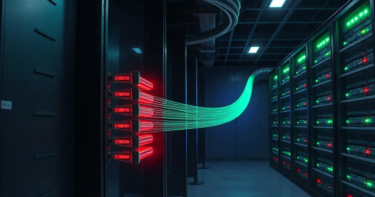 Eventos de medición viajando por fibra óptica desde concentradores AMI hacia los racks de un data center SAP S/4HANA Utilities