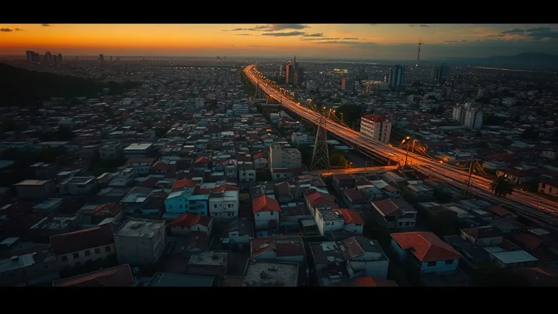 Vista aérea al atardecer de un barrio popular latinoamericano contrastando con una zona urbana más ordenada, cableado eléctrico visible sobre los techos.