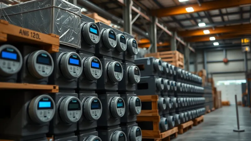 Cajas apiladas de medidores inteligentes nuevos en un almacén de una utility, listos para un despliegue selectivo.