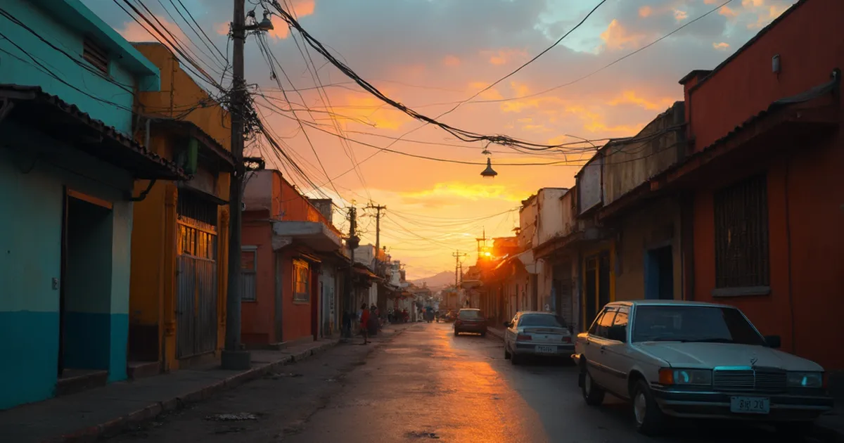 Barrio popular latinoamericano al atardecer con cableado eléctrico aéreo denso sobre fachadas de colores