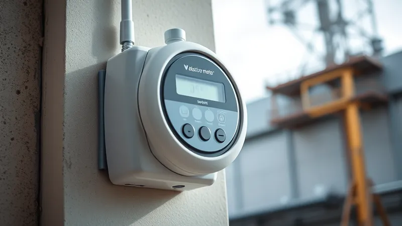 Medidor eléctrico inteligente instalado en la fachada de un edificio industrial, con pantalla digital y antena de comunicación visibles
