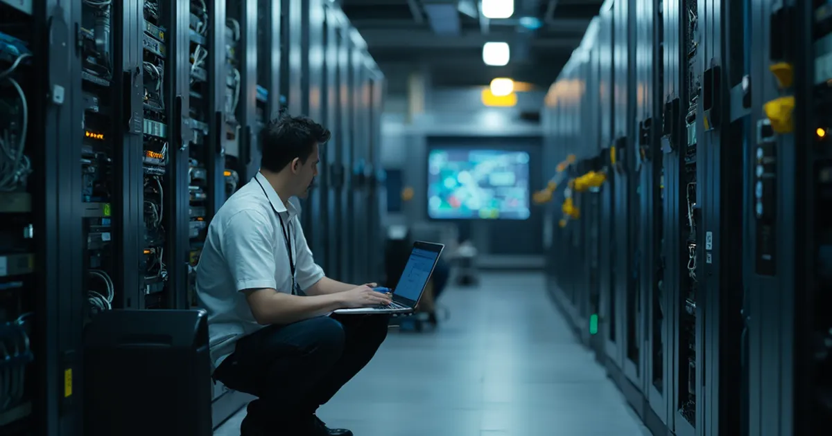 Una persona del área de tecnología trabaja con una computadora portátil junto a equipos informáticos instalados en un espacio técnico.