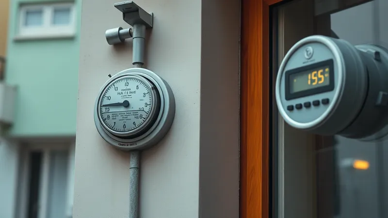 Dos medidores eléctricos de generaciones distintas montados uno junto al otro en la fachada de un edificio residencial latinoamericano