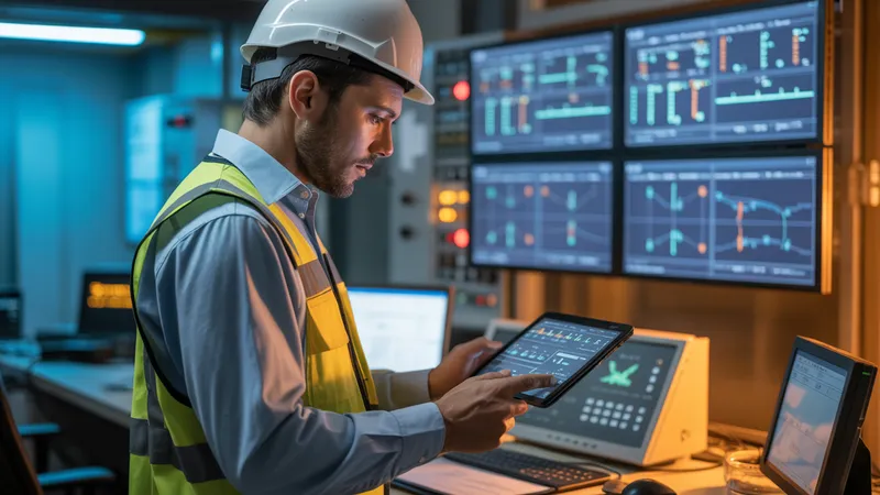 Ingeniero de utilities revisando datos de red eléctrica en sala de control con pantallas de monitoreo en tiempo real