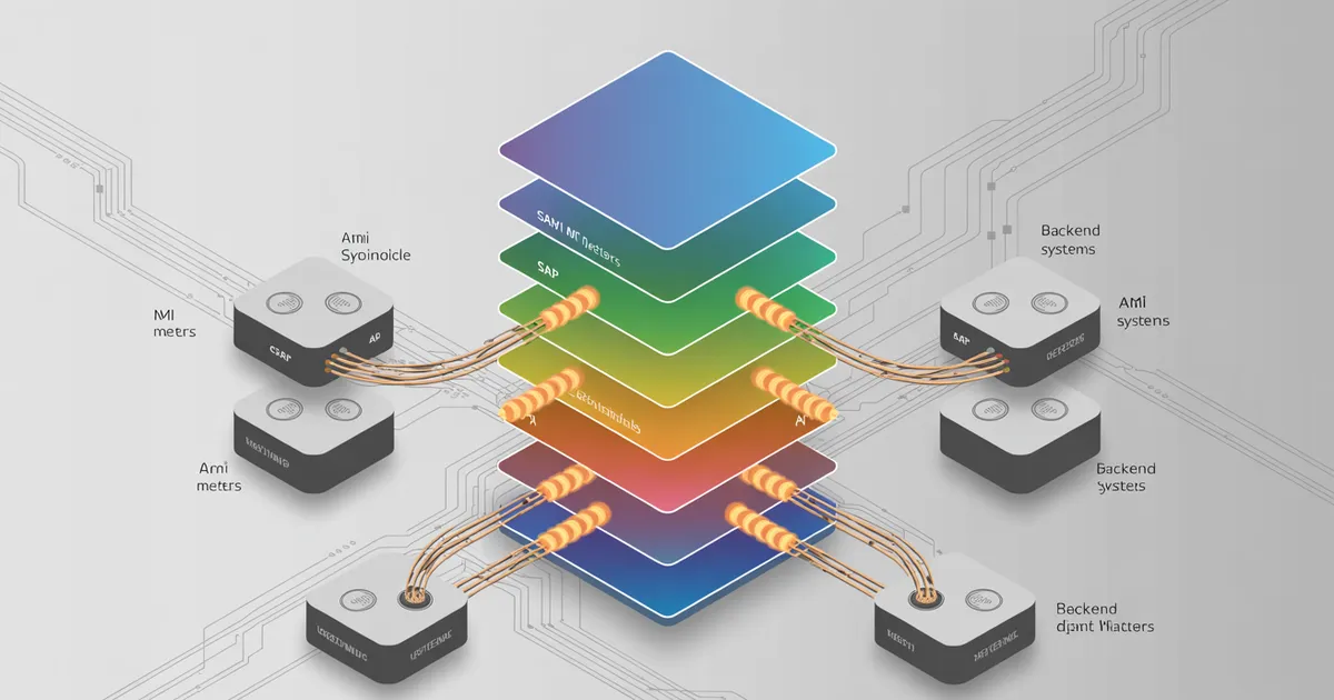 Representación visual de APIs seguras conectando sistemas SAP en una empresa de utilities