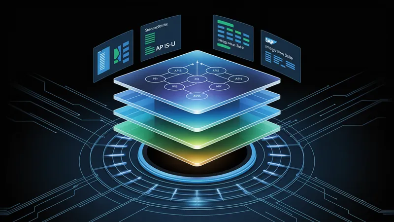 Arquitectura SAP IS-U con capas de seguridad luminosas protegiendo APIs y flujos de datos ordenados
