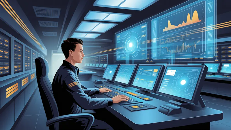 Centro de comando SAP IS-U moderno con pantallas mostrando operaciones utilities en tiempo real