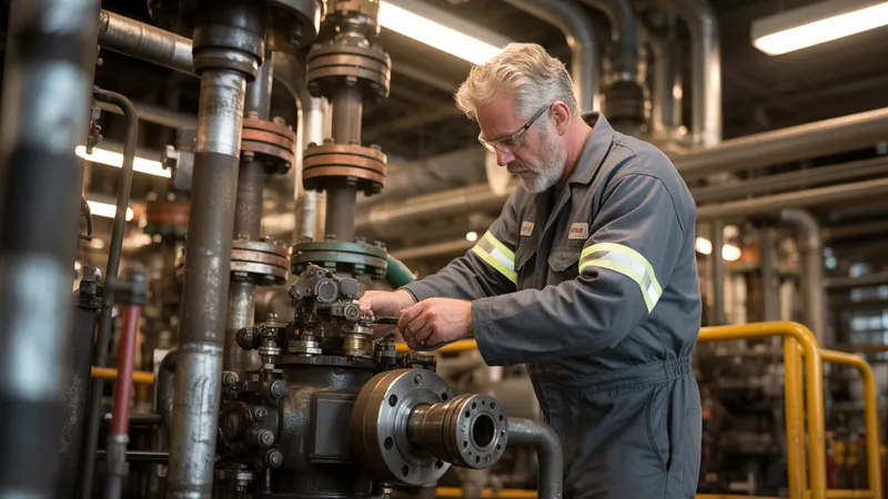 Técnico de mantenimiento con equipo de protección inspeccionando una gran bomba de proceso en el interior de una planta industrial.