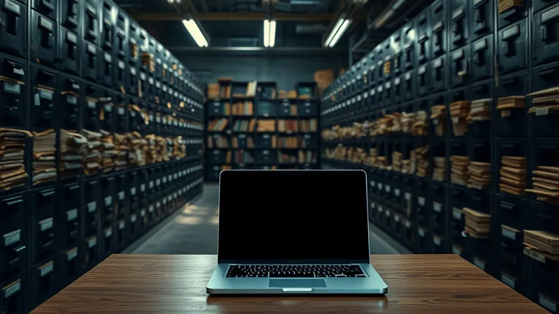Archivo institucional de una empresa pública de energía con estanterías de expedientes antiguos y un dispositivo digital moderno en primer plano, representando la transición de sistemas heredados hacia una arquitectura empresarial moderna.