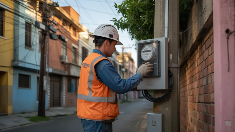 Técnico de utilities inspeccionando un gabinete de medidor inteligente AMI en un barrio urbano de América Latina