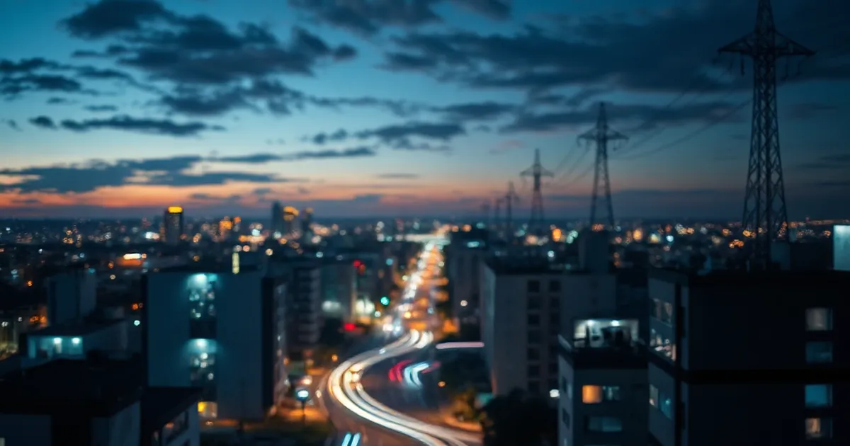 Red eléctrica de una ciudad latinoamericana al atardecer con flujos de datos en tiempo real hacia una plataforma cloud central, ilustrando la arquitectura event-driven en SAP BTP para utilities