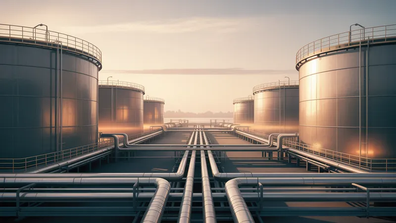 Terminal de almacenamiento de hidrocarburos con tanques cilíndricos y tuberías de proceso al amanecer