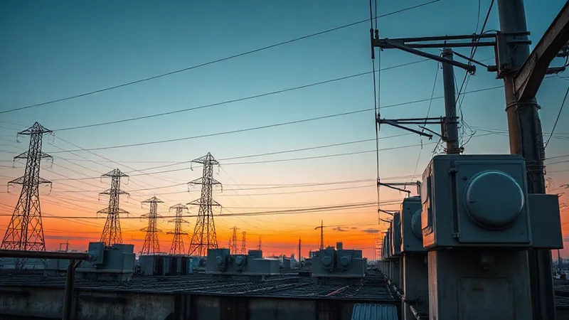 Subestación eléctrica de distribución urbana en LATAM al atardecer, con torres de transmisión y medidores inteligentes en primer plano, ilustrando la infraestructura de campo que genera los eventos AMI.