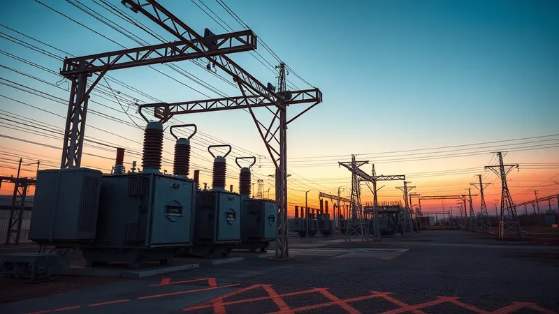 Bahía de alimentador en una subestación eléctrica al atardecer, con transformadores de corriente y estructuras metálicas visibles