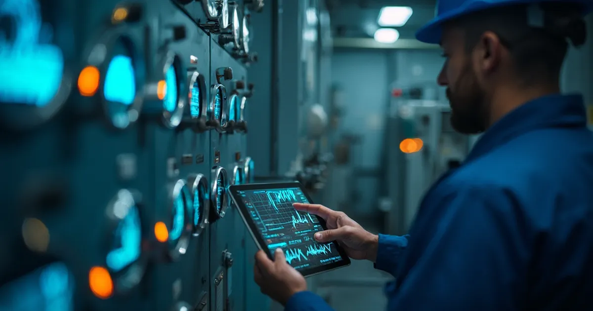 Panel de control eléctrico industrial con indicadores analógicos en gabinete metálico, luz interior tenue