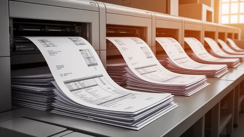 Facturas y formularios fiscales impresos en un centro de procesamiento documental de una utility, que ilustra las salidas regulatorias determinadas por reglas de negocio.