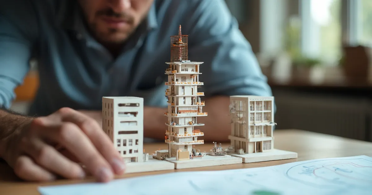 Maqueta de arquitectura con tres modelos de edificios en distintas etapas de construccion sobre una mesa de estudio