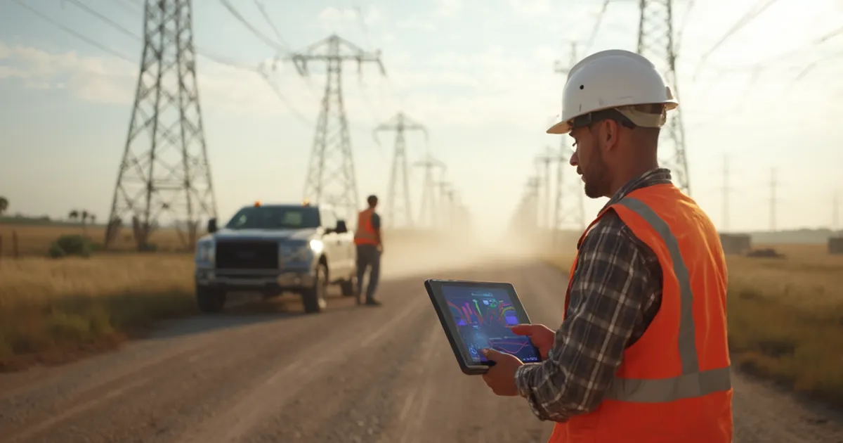 Arquitecto de TI de una distribuidora eléctrica y un ingeniero de campo comparan rutas en un cruce de caminos de servicio junto a una subestación rural