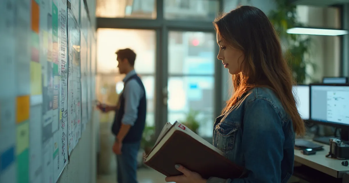 Analista comercial de una distribuidora eléctrica marca fechas de rutas de lectura en un planificador de pared junto a carpetas de ruta