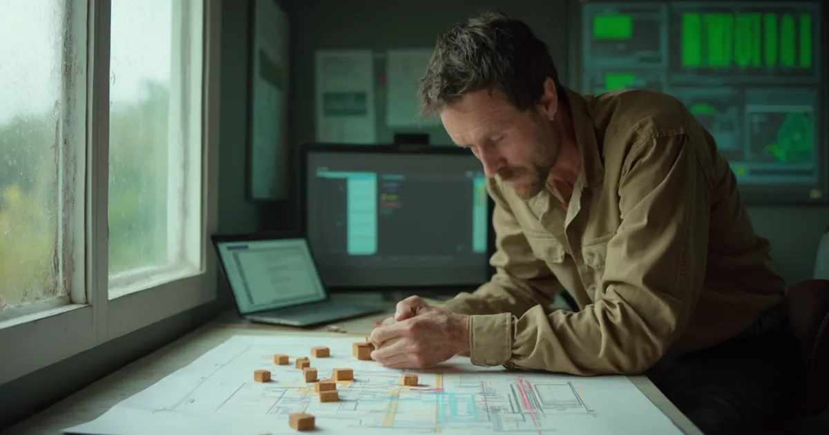 Una persona del área de ingeniería eléctrica revisa un plano en un espacio de trabajo.