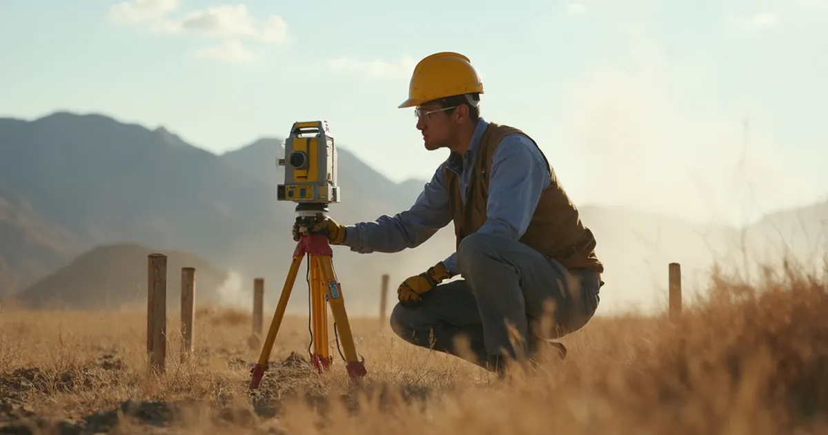 Una persona del área de ingeniería, con casco, lentes de seguridad y guantes, opera un instrumento de medición topográfica montado en trípode sobre un terreno abierto.