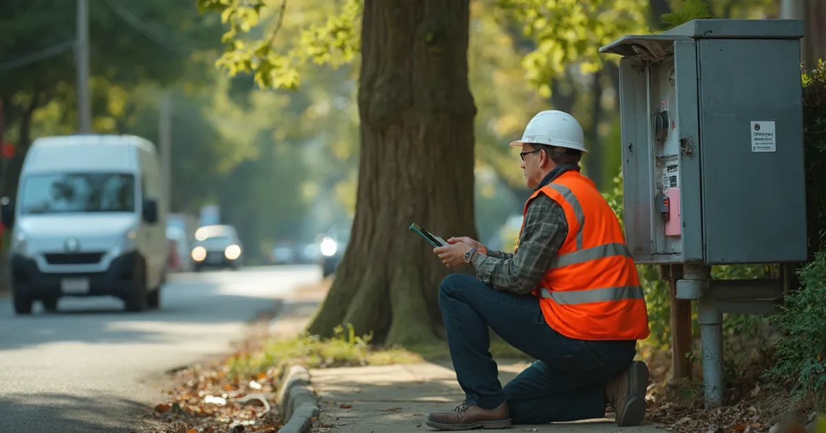 Técnico de una empresa de servicios públicos revisa una caja de distribución eléctrica abierta en una calle residencial, con la camioneta de servicio estacionada detrás