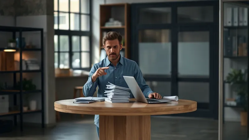 Una consultora funcional SAP y un supervisor de facturación de una distribuidora eléctrica revisan juntos solicitudes impresas frente a una laptop en la oficina de atención al cliente.
