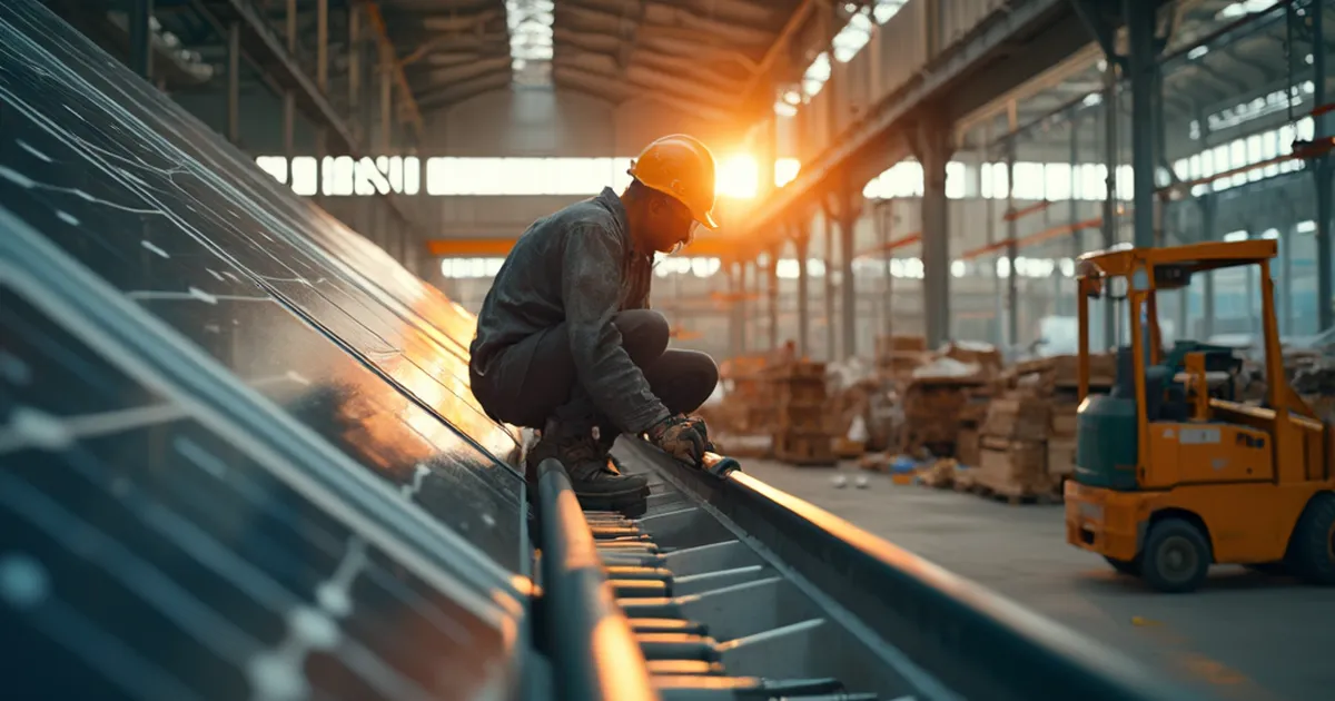 Ingeniero de planta ajusta un riel de montaje entre paneles solares en el techo de una nave industrial mexicana