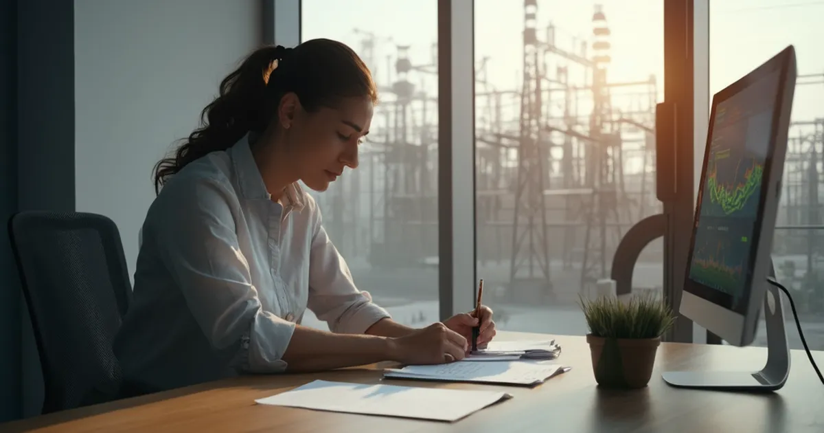 Analista de seguridad SAP de una utility anota un reporte impreso de clasificación de roles junto a una ventana con vista a una subestación
