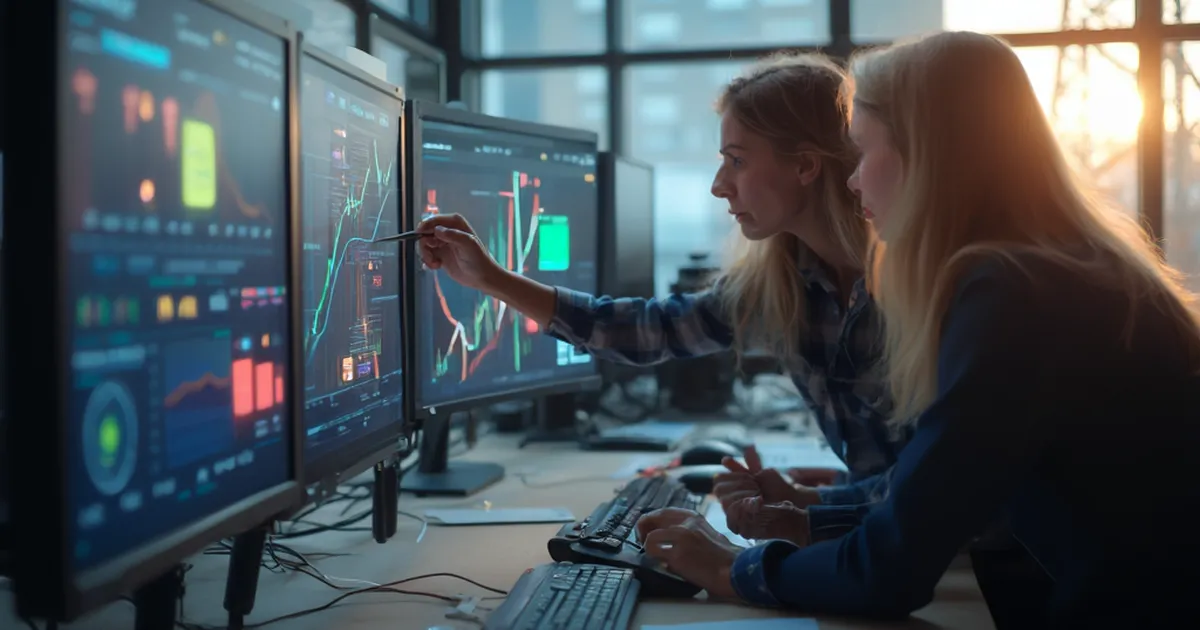 Arquitecta SAP revisando indicadores de deuda técnica junto a un desarrollador en el piso de operaciones de una distribuidora eléctrica