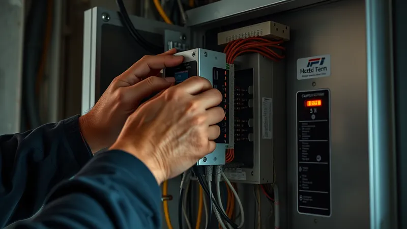 Manos de un técnico instalando un módulo de comunicación en un panel de distribución eléctrica en una subestación