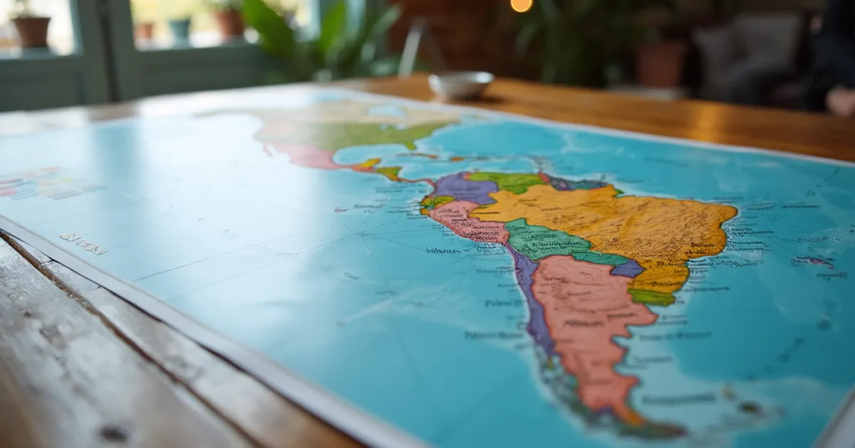 Mapa físico de América Latina extendido sobre una mesa de madera con marcadores de colores dispersos, luz natural