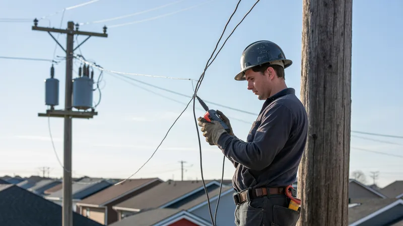 Técnico de una distribuidora eléctrica revisa el cableado de un transformador de poste para confirmar la conexión física con las viviendas que alimenta.