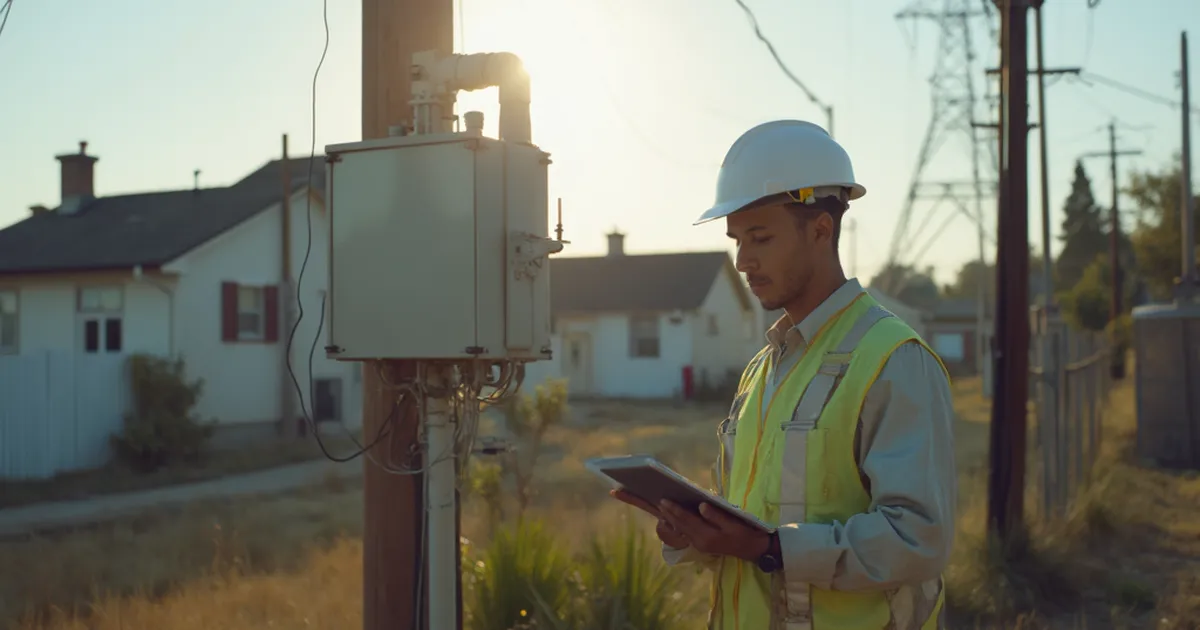 Transformador de distribución sobre poste con líneas hacia viviendas al fondo, tarde clara