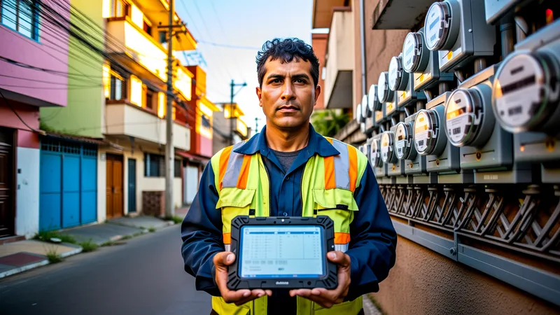 Técnico de campo de una distribuidora eléctrica latinoamericana registra en una tablet rugerizada los datos de un banco de medidores en un barrio urbano con líneas de distribución aéreas.