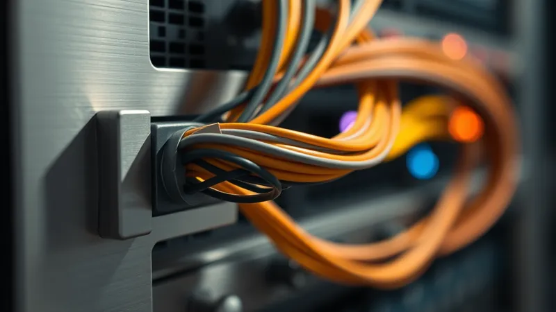 Detalle macro de un haz de cables de interconexión de colores que converge en un bloque de puertos de acero cepillado.