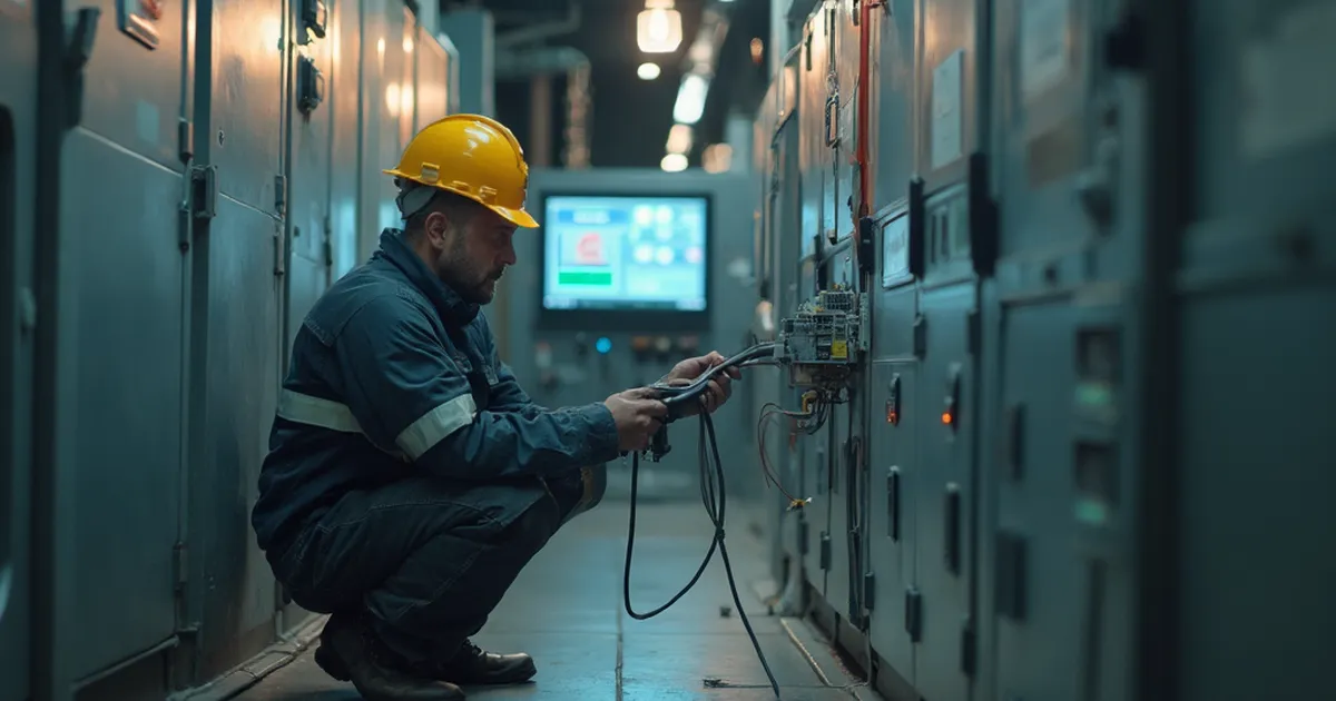 Ingeniero de integración conecta un adaptador entre un panel antiguo y uno nuevo en la sala de control de una subestación