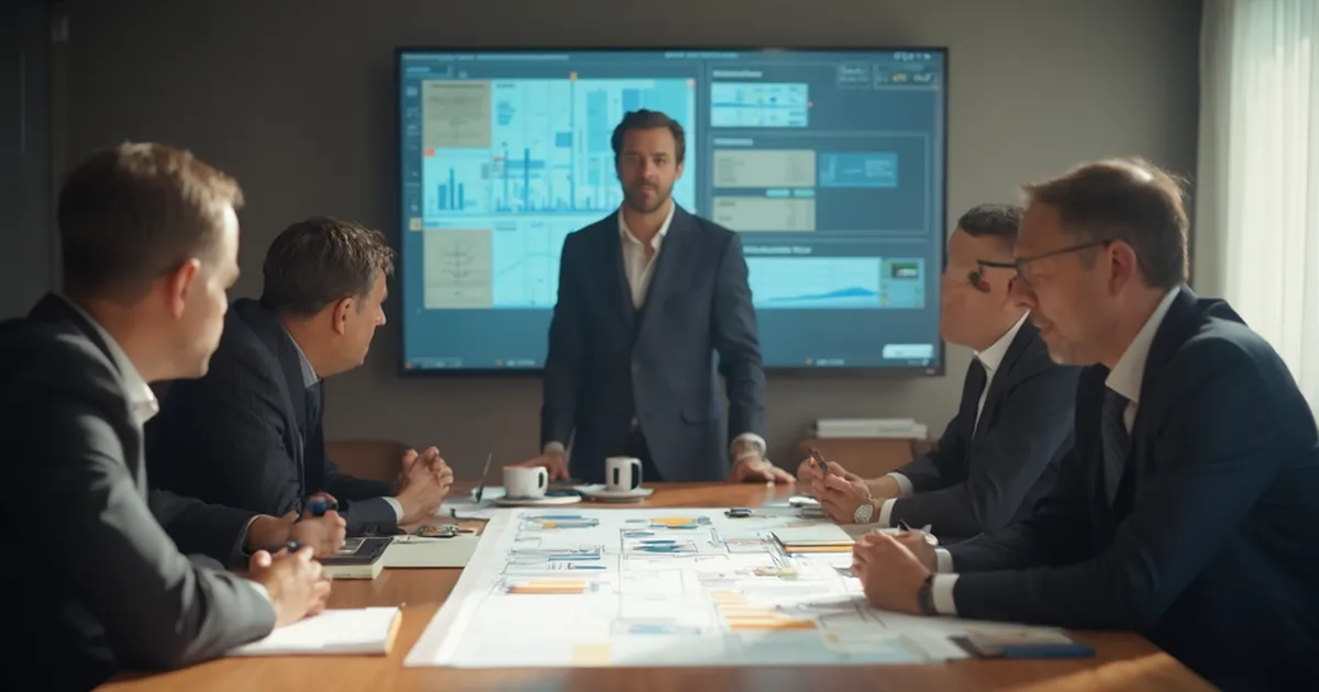 Director de TI de una distribuidora explicando un esquema de arquitectura a ejecutivos sentados alrededor de una mesa de directorio