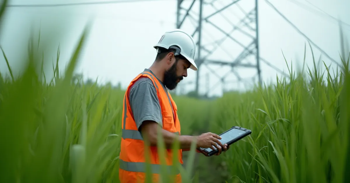 Técnico de una utility eléctrica sostiene una tableta frente a una torre de transmisión mientras revisa el trabajo asignado