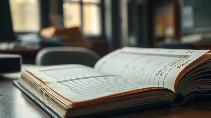 Libro de registro en papel con una página antigua y desgastada entre hojas más recientes, sobre un escritorio de oficina técnica de una utility