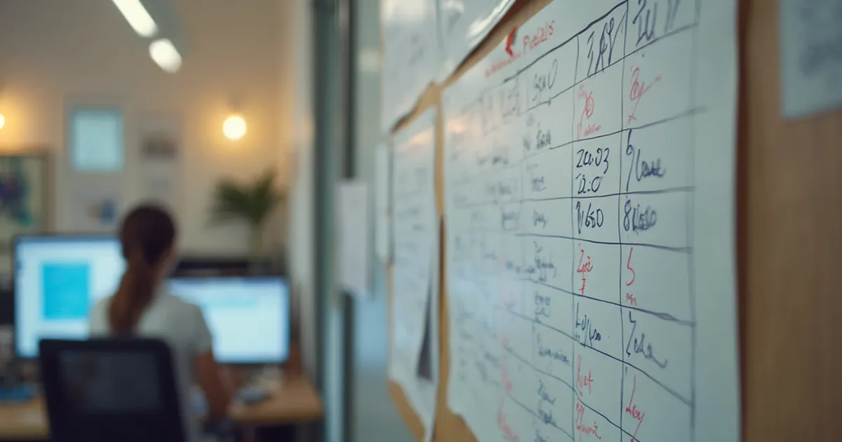 Calendario de pared de oficina técnica con anotaciones manuscritas de ciclos de facturación, escritorio con calculadora y documentos apilados en orden